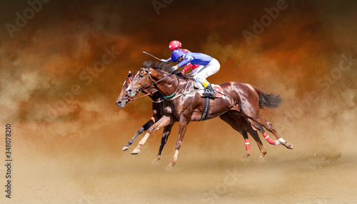 Tableau sur toile Two racing horses neck to neck in fierce competition for the finish line