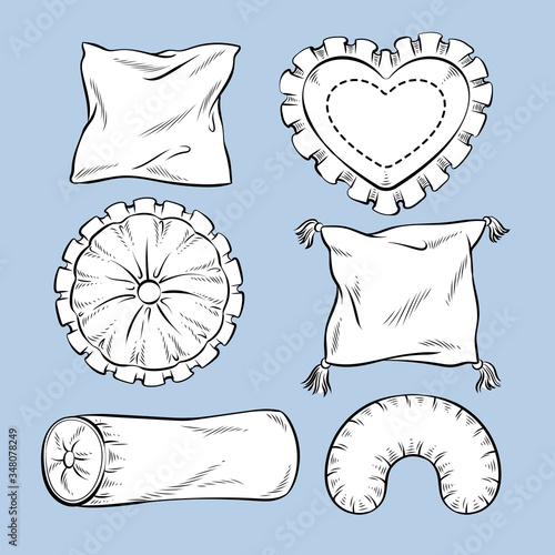 Set of different shapes of pillows. Hand drawn sketch vector illustration