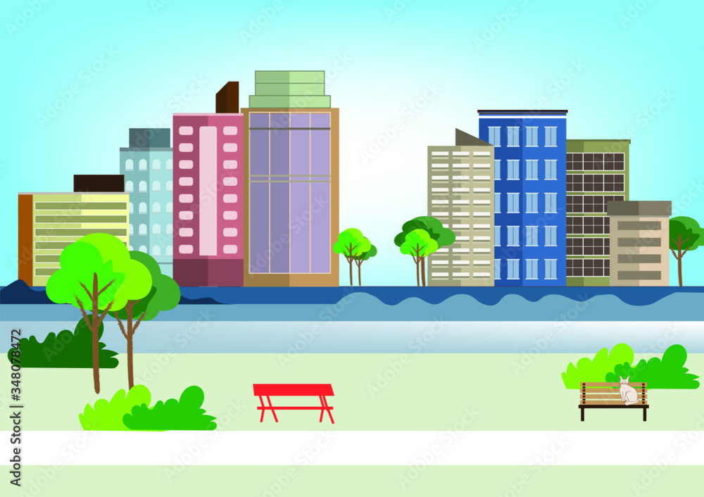 Vector illustration of city landscape with buildings and trees. Stock ...