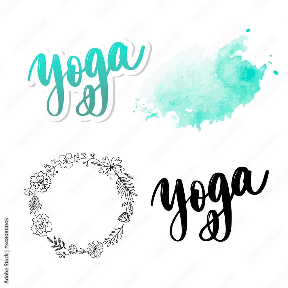 Yoga studio concept logo design. Elegant hand lettering for your design. Can be printed on greeting cards, paper and textile designs, etc. Yoga studio concept logo design. Elegant hand lettering for your design. Can be printed on greeting cards, paper and textile designs, etc.