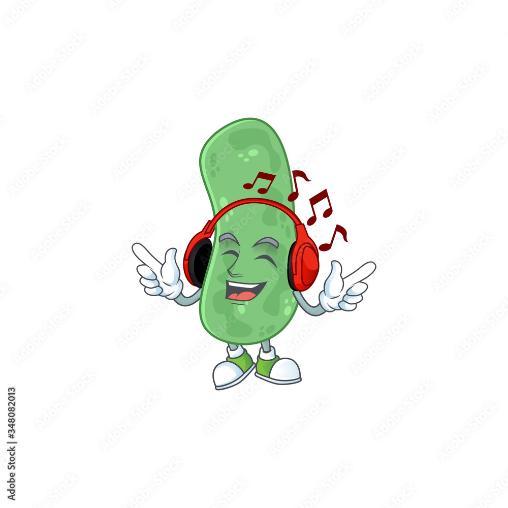 Cartoon mascot design enterobacteriaceae enjoying music with headset