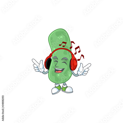 Cartoon mascot design enterobacteriaceae enjoying music with headset