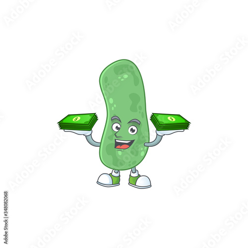 A cheerful enterobacteriaceae mascot design with some money on hands
