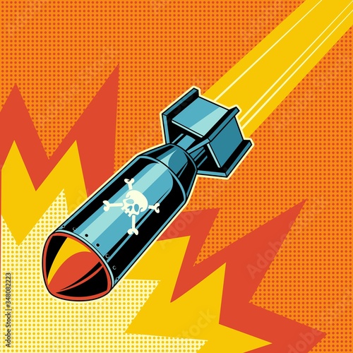 Bomb falling comic vector retro poster.