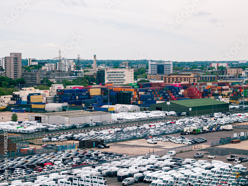 Southampton, UK - May 05, 2020: view on the cargo and cruise ship port buildings infrastructure from the cruise ship photo