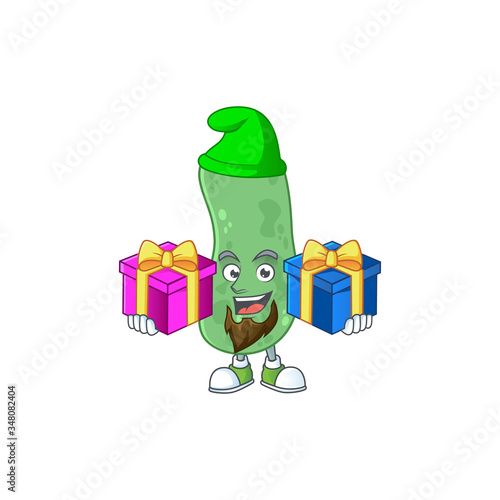 A smiling enterobacteriaceae cartoon design having Christmas gifts