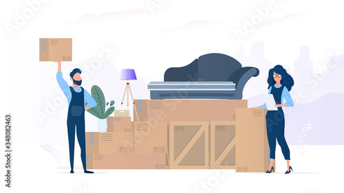 Moving home banner. Moving to a new place. Wooden boxes, cardboard boxes, sofa, houseplant, floor lamp. Isolated. Vector.