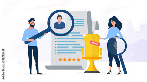 Free place. The guy under the magnifying glass reviews the resume. Girl shows on a vacant place. The concept of finding people for work. Vector