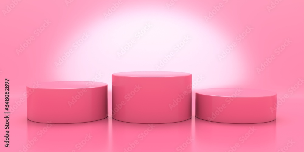 Display platforms set empty, round shape, pink color. 3d illustration