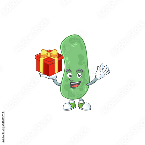 Charming enterobacteriaceae mascot design has a red box of gift