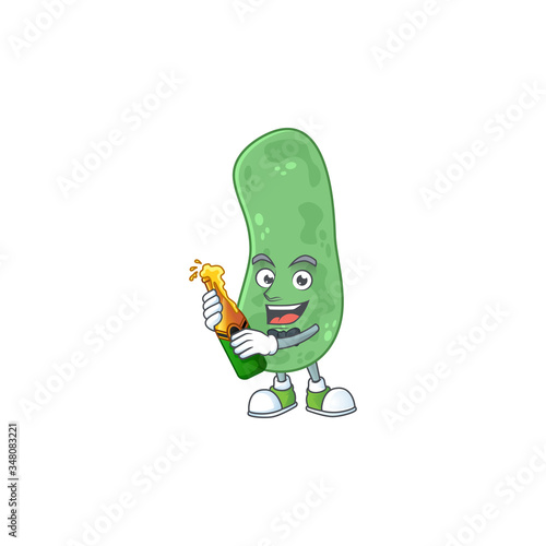 Mascot cartoon design of enterobacteriaceae making toast with a bottle of beer