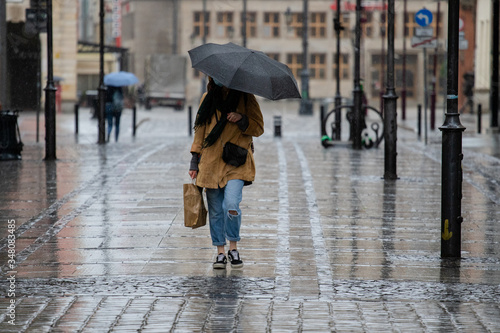 A girl with a black umbrella and a paper bag walks down the street in the rain