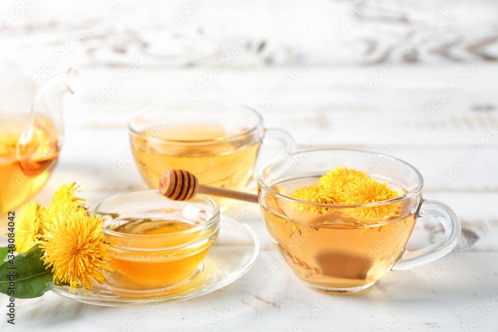 Healthy dandelion tea and honey on white wooden background Healthy dandelion tea and honey on white wooden background