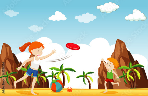 Scene with girl and boy playing frisbee on the beach