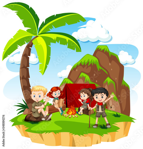 Group of kids camping in nature