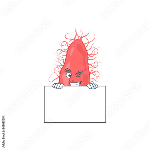 Sneaky escherichia cartoon character style hiding behind a board