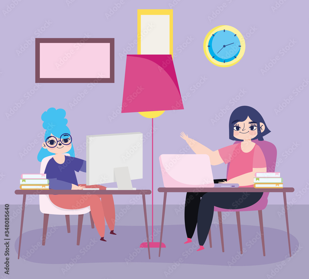 working remotely, young women with laptops in desk clock and lamp working remotely, young women with laptops in desk clock and lamp