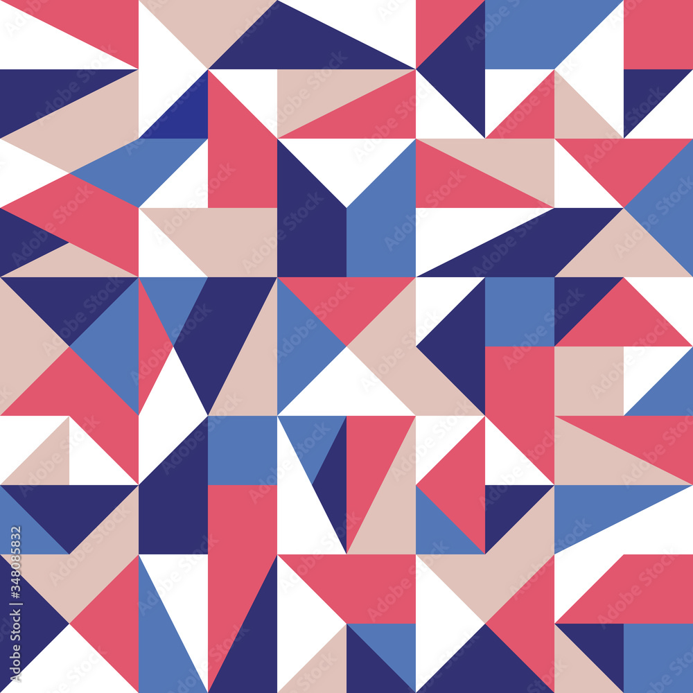 Geometric background design. Abstract seamless pattern. Decorative ornament. Mosaic composition structure. Blue, red, beige, white colors. Vector illustration. Geometric background design. Abstract seamless pattern. Decorative ornament. Mosaic composition structure. Blue, red, beige, white colors. Vector illustration.
