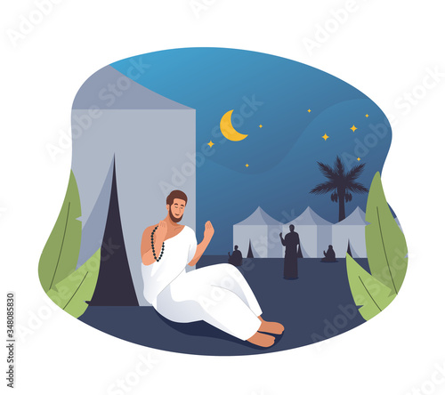 Hajj pilgrims praying and resting in Mina. Hajj pilgrimage flat cartoon character illustration