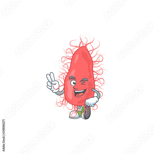 Cheerful escherichia mascot design with two fingers