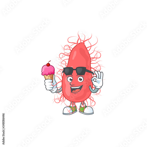 Cute escherichia cartoon character enjoying an ice cream