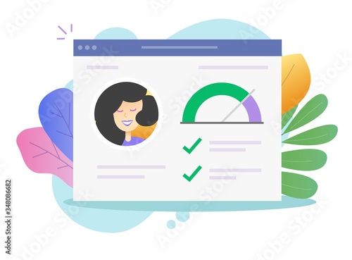 Personal skills info history and good data assessment vector or online credit score rating web report financial check research website flat design, finance loan rank analysis inspection expertise icon