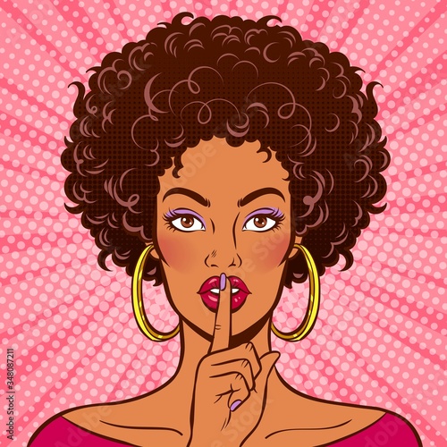 African american woman with a finger on lips. Silence gesture. Pop art vector comic illustartion.
