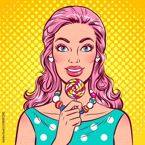 Smiling young woman with pink hair holding lollipop in hand. Pop art comic vector retro illustration. 