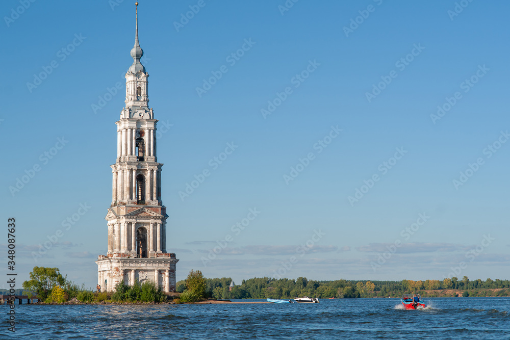 The Kalyazin Bell Tower is a Neoclassical campanile rising to a height of 74.5 metres (244 ft) on the Volga River The Kalyazin Bell Tower is a Neoclassical campanile rising to a height of 74.5 metres (244 ft) on the Volga River