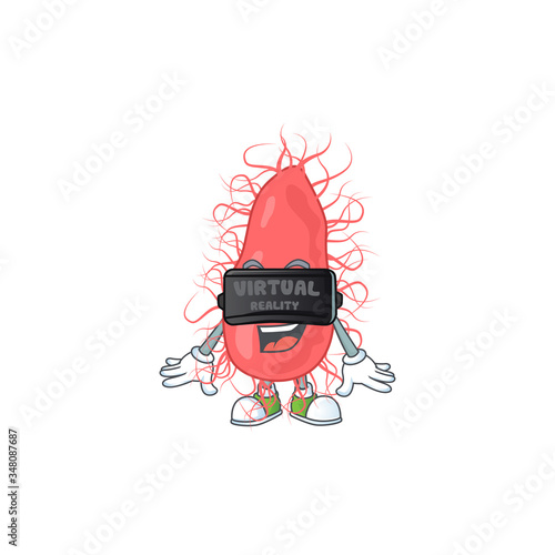 A cartoon mascot of escherichia enjoying game with Virtual reality headset