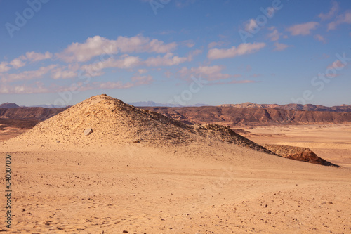 Beautiful nature in the desert of Egypt. Blue sky, panoramic photo. Background image. 