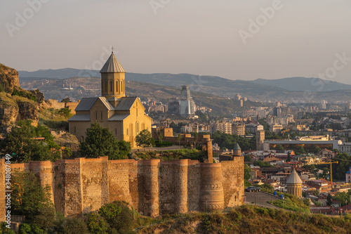 Narikala Castle and church on hill of Tbilisi capital city of Georgia in a morning