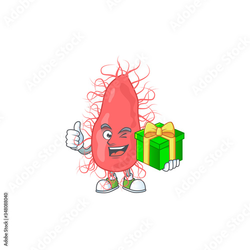 Smiley escherichia cartoon character holding a gift box