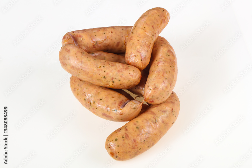 Tasty meat sausages over white background Tasty meat sausages over white background