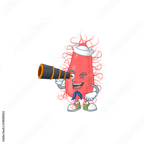 Escherichia in Sailor cartoon character style using a binocular