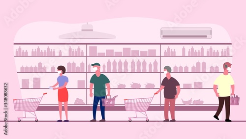 Social distancing in supermarket. Keep distance from other people. Save life from new coronavirus outbreak. Vector illustration.