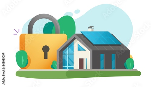 Home and house secure protection insurance concept vector as protected with lock security safety system flat illustration, apartment smart guard or defence padlock modern design