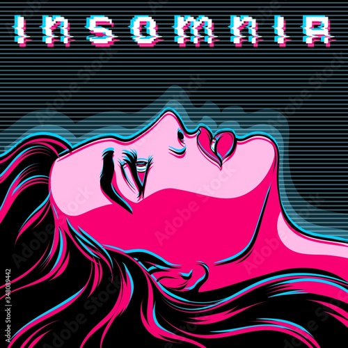 Vector hand drawn illustration of woman's head in futuristic style. Insomnia concept.