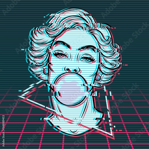 Vector hand drawn illustration of woman blowing bubble gum. Digital glitch effect, vaporwave style.