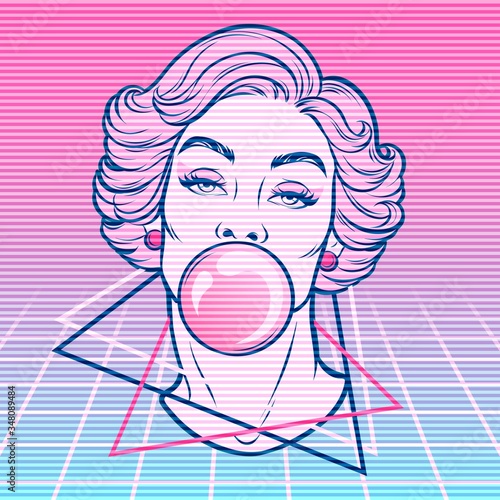 Vector hand drawn abstract illustration of woman blowing bubble gum. Futuristic vaporwave style. 