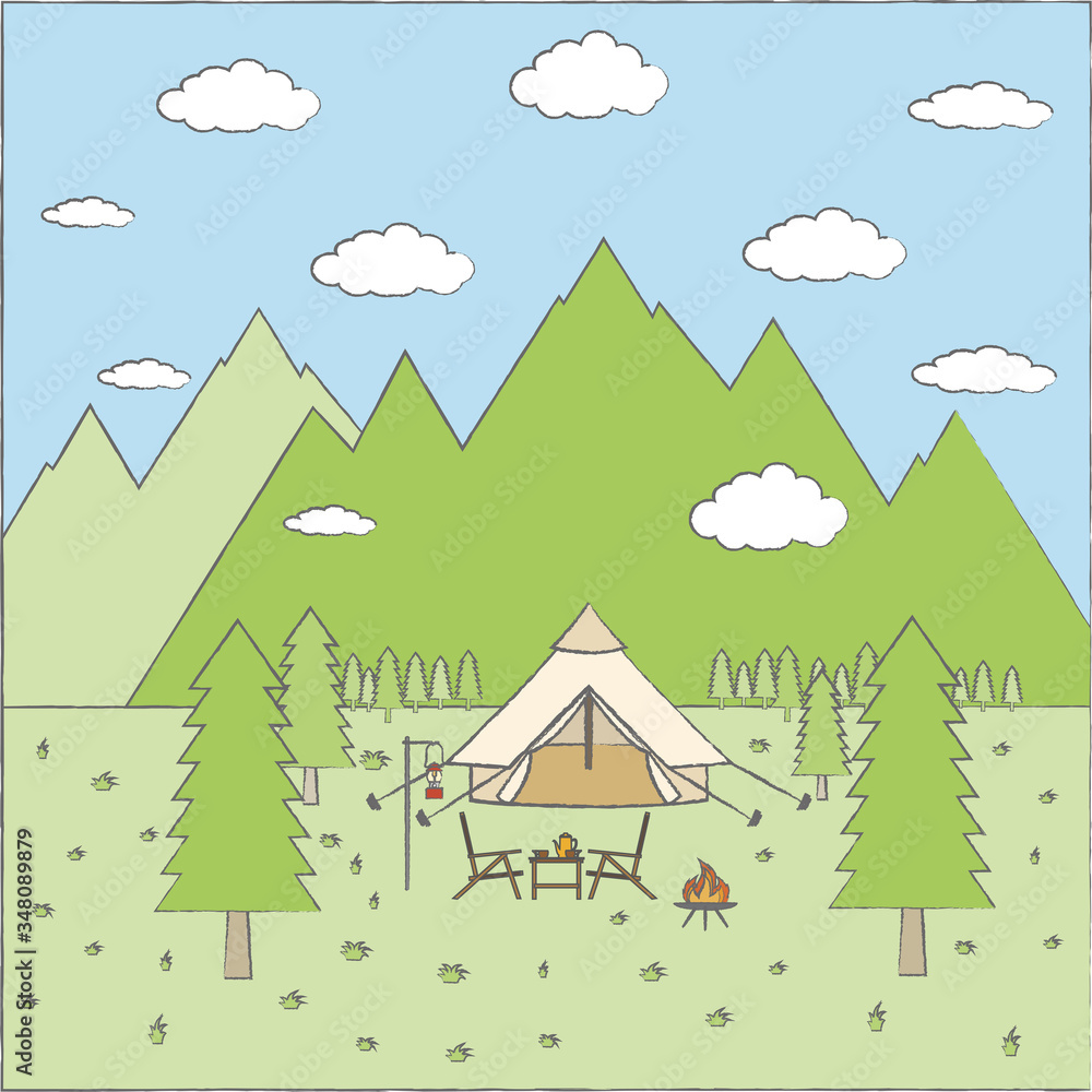 山の見えるキャンプ場風景 山の見えるキャンプ場風景