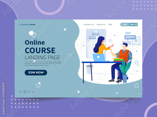 online course landing page. Man with laptop and a tutor, work from home concept. Male with computer, e-learning illustration.