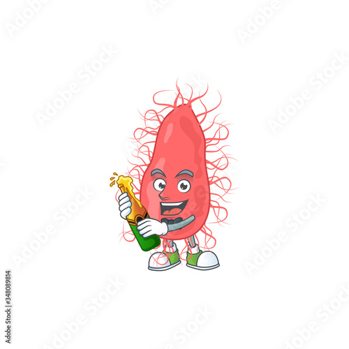 Mascot cartoon design of escherichia making toast with a bottle of beer