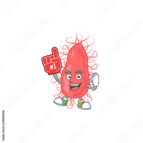 Cartoon character concept of escherichia holding red foam finger