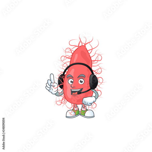 Escherichia cartoon character style speaking on headphone