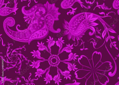 Seamless pattern  background with traditional paisley. Floral vector illustration in damask style. Vector illustration in black and ultravaiolet color..