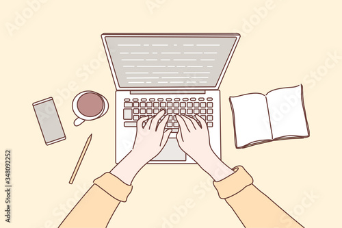 Distance training, elearning education concept. Human freelancer cartoon character listening audio course and working on laptop computer at home. Video conference with teacher or personal tutor online