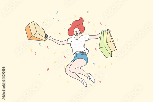 Success, shopping, purchase concept. Young happy cheerful woman or girl shopaholic cartoon character jumping with shop bags. Joy for buying sale goods, commercial discounts for customers illustration.