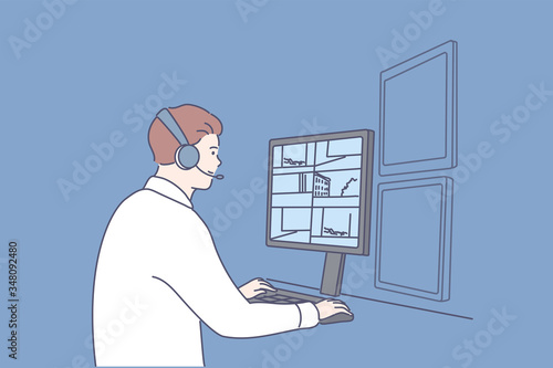Security, surveillance, safety concept. Young man or boy safeguard operator cartoon character sitting at computer display and monitoring perimeter. Video observation and safety provision illustration.
