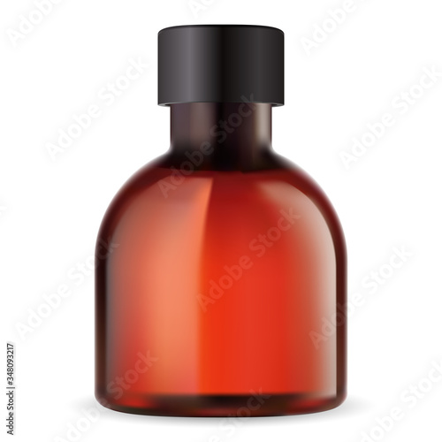 Amber bottle for essential oil. Round medical vial. Brown glass cosmetic packaging blank. Organic naturopathy syrup pharmacy jar realistic template. Herbal medicine vintage container